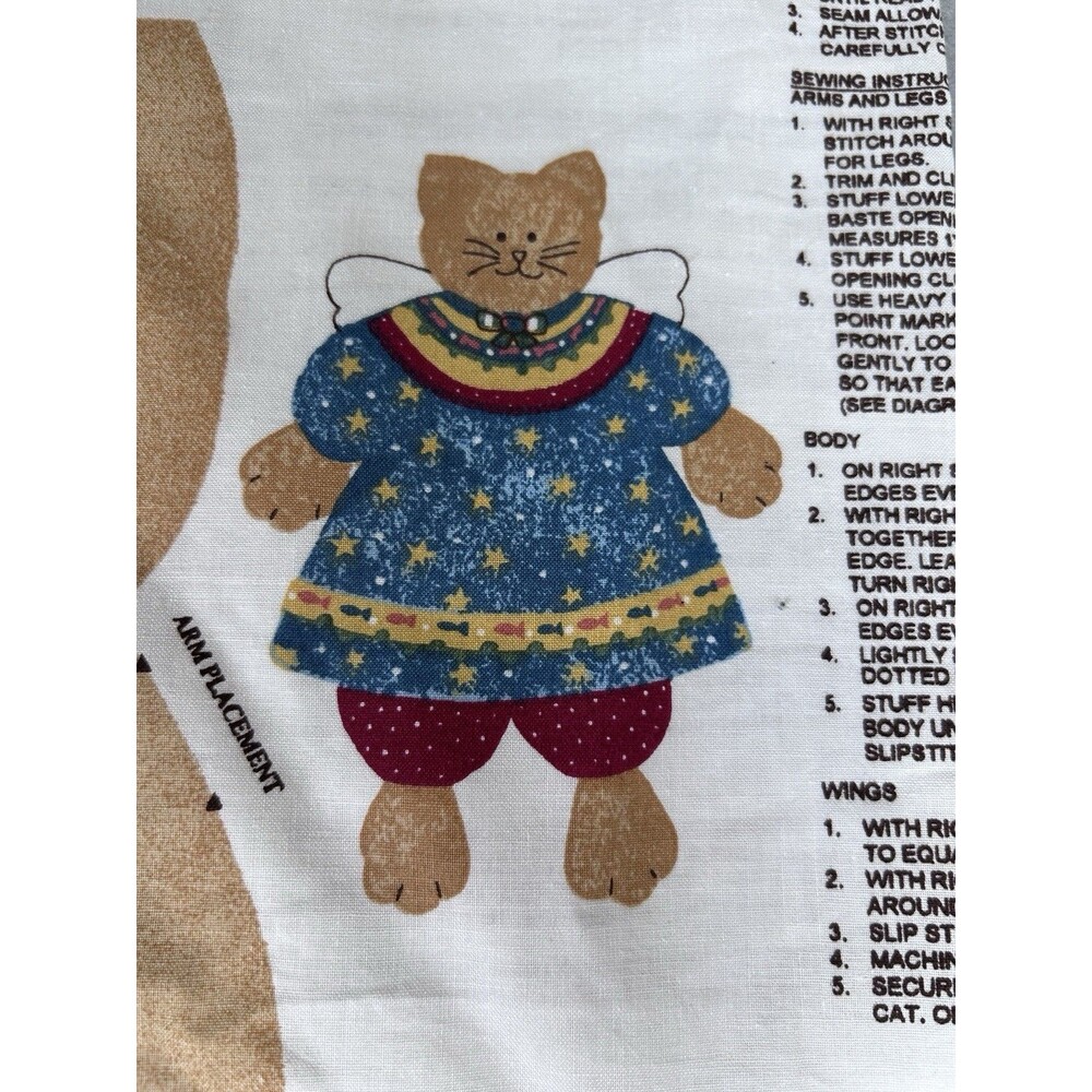 Springs Industries "Angel Cat" cut-and sew stuffed animal fabric panel 80s-90s